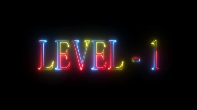 Level -1 text font with neon light. Luminous and shimmering haze inside the letters of the text Level-1. Glowing neon Level 1 multicolor text animation .