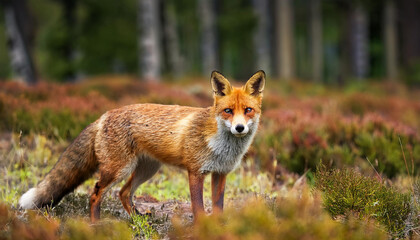 red fox hunting vulpes vulpes flora and fauna scene from europe orange fur coat animal in the nature habitat fox on the inexperienced wooded area meadow