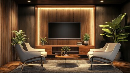Cozy Wooden Office Lounge with Armchairs and TV in Corner