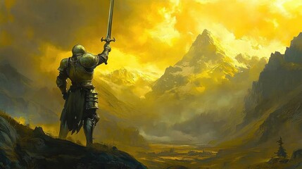 Fototapeta premium A knight stands triumphantly with a sword against a dramatic mountain landscape at sunset.
