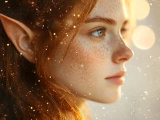 Side profile of a redhead elf woman with freckles looking serenely into golden sunlight, surrounded by magical sparkling dust particles