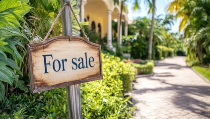 A beautifully landscaped mansion showcases a for sale sign amidst lush greenery and vibrant flowers. The property features classic architecture and well-maintained grounds under a clear sky