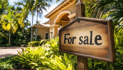 A beautifully landscaped mansion showcases a for sale sign amidst lush greenery and vibrant flowers. The property features classic architecture and well-maintained grounds under a clear sky