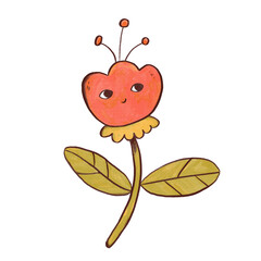 Adorable Childlike Doodle Flower Illustration with Cute Happy Face - Whimsical Colorful Art.