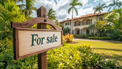 A beautifully landscaped mansion showcases a for sale sign amidst lush greenery and vibrant flowers. The property features classic architecture and well-maintained grounds under a clear sky