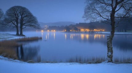 Fototapeta premium Tranquil Winter Night at a Snowy Lake with Lights Reflecting on the Water