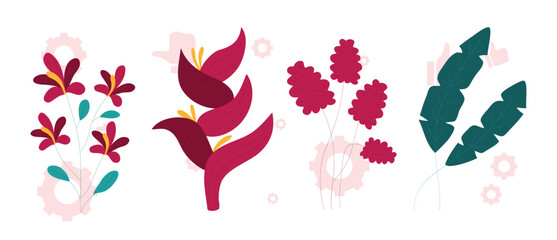 Vector set of tropical leaves. Palm, banana leaf, hibiscus, plumeria flowers. © Creativeactive