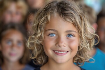 Fototapeta premium smiling blond child with bright blue eyes gazing at the camera surrounded by focus group in a friendly atmosphere concept school, family, education
