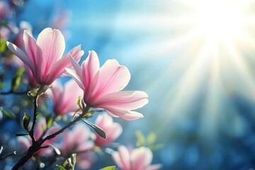 Magnolia flowers blooming on a tree branch against a bright blue sky and sun rays