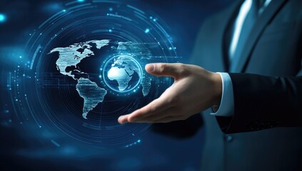 A person in a formal suit holds a glowing, connected globe, symbolizing global networking and digital advancements. The background features abstract data patterns, suggesting high-tech innovation.