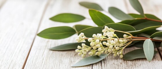 Obraz premium eucalyptus leaves and flowers on a wooden surface