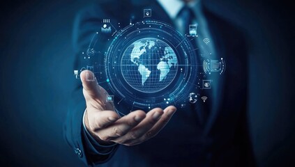 A person in a formal suit holds a glowing, connected globe, symbolizing global networking and digital advancements. The background features abstract data patterns, suggesting high-tech innovation.