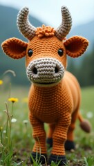 Fototapeta premium realistic highly detailed crochet of a cow with a nature background
