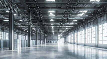 Vast Industrial Warehouse: Gleaming Concrete, Steel Structure, Modern Light