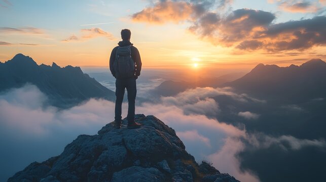 Silhouetted hiker standing atop a rugged mountain peak gazing out at the vast awe inspiring landscape as the sun sets contemplating their strategic vision and bold ambitions for the future
