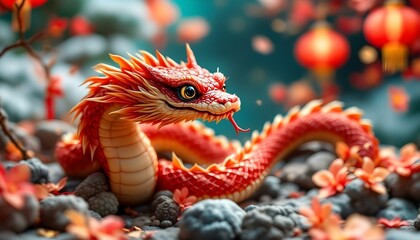 Fototapeta premium Chinese New Year: A Vibrant Red Dragon Amidst Blossoms and Glowing Lanterns Celebrating the Spring Festival