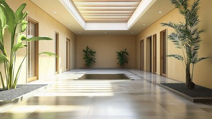 Fototapeta premium Tranquil Courtyard Oasis: A minimalist courtyard with warm-toned walls and polished floors, accented by lush greenery and a central water feature.