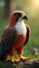 realistic highly detailed crochet of a falcon with a nature background