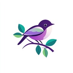 Purple bird perched on branch, leaves, white background; spring design