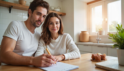 Obraz premium Happy couple planning together at home kitchen table 
