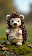 realistic highly detailed crochet of a hedgehog with a nature background