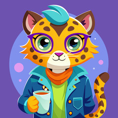 Cute Cartoon Leopard Cat – Big Blue Eyes, Yellow and Gray Fur, Adorable Illustration