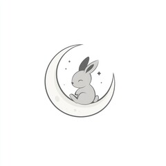Fototapeta premium Cute bunny sleeping on crescent moon, starry night, nursery decor