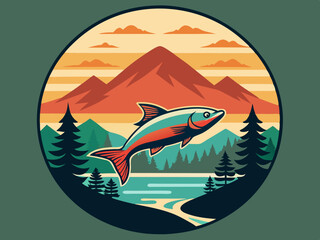 Stylized Jumping Fish – Mountain Landscape at Sunset, Scenic Illustration