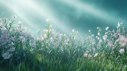 Fototapeta premium Serene Meadow in Springtime with Blooming Flowers and Lush Grass