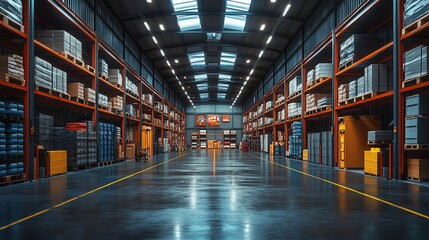 Fototapeta premium Industrial Warehouse: Rows of Packed Shelves, Modern Architecture, Clean Industrial Aesthetic