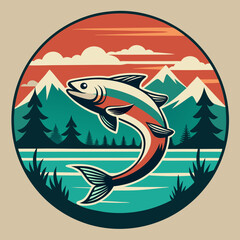 Stylized Jumping Fish – Mountain Landscape at Sunset, Scenic Illustration