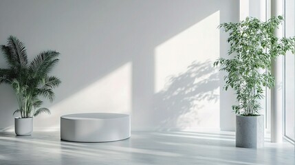 Minimalist Interior Design Mockup: A pristine white cylindrical podium takes center stage in this clean and airy minimalist interior.  The sunbeams flood the room.