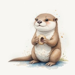 Naklejka premium Adorable Baby Otter Holding a Treat Watercolor Illustration Cute Wildlife Animal Portrait