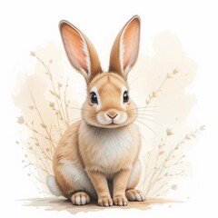 Fototapeta premium Adorable Light Brown Bunny Rabbit Sitting in Wildflowers Easter Animal Illustration