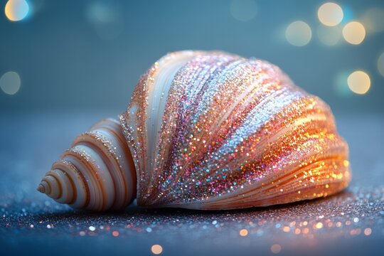 Open shell with glittery surface laying on dark sand with bokeh effect in the background creates a magical atmosphere