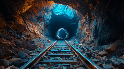 The abandoned underground tunnel, broken and destroyed by war with old train tracks running through...