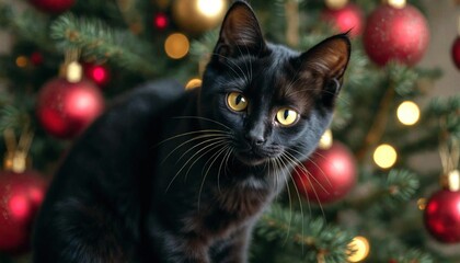 Black Cat on Christmas Tree