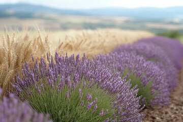 Obraz premium Wheat and Lavender Fields Under Midday Sunlight