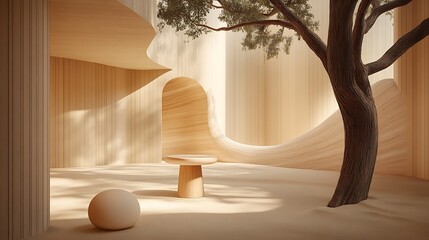 Minimalist Wooden Interior Design With Tree And Soft Lighting