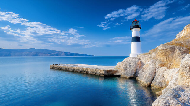 Lighthouse by calm sea under blue sky
