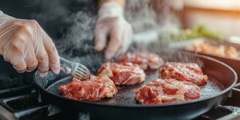 Grilling Fresh Meat on Hot Pan