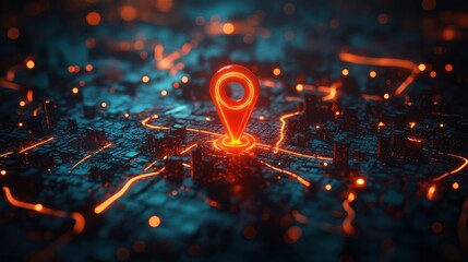 Futuristic city map with glowing red location pin. Techy navigation system. Digital map highlights destination. Urban landscape. Travel concept. Global positioning system. Advanced tech. Navigation. - obrazy, fototapety, plakaty