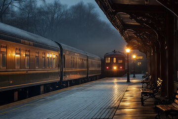 Naklejka premium Elegant departure at a historic railway station in the evening mist