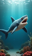 realistic highly detailed crochet of a shark with a nature background