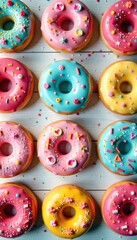 Colorful donuts arranged in a pattern on a light wooden table, baking, wood, dessert