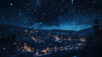 Fototapeta premium Night city skyline illuminated buildings starry sky. Nightstone. Illustration