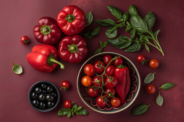 Fototapeta premium Modern photography composition with red vegetables and green spices. Fresh ingredients ready for cooking. Flat lay view from above. Bell pepper, cherry tomatoes, basil