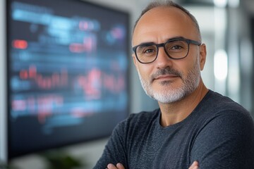 Fototapeta premium Portrait of a confident senior software developer smiling with crossed arms, standing in front of a computer screen displaying lines of code