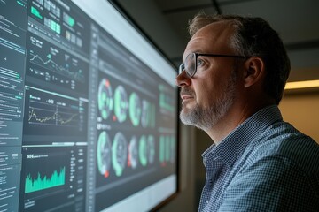 Fototapeta premium Businessman analyzing real-time financial data displayed on a large screen in a modern office environment