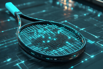 Glowing wireframe of a tennis racket with strings, highlighted by a combination of blue and black data points, set on a transparent background. Perfect for futuristic and sports themes.